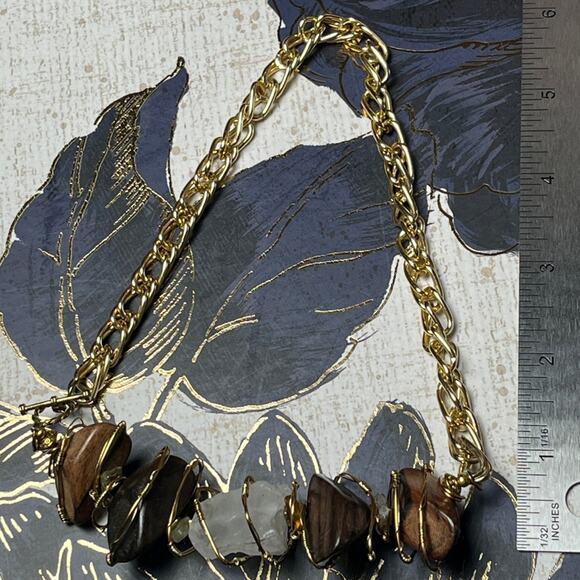 Vintage Gold Chain Brown Wood Bead and Clear Crystal Wire-Wrapped Necklace D1 - Picture 10 of 11